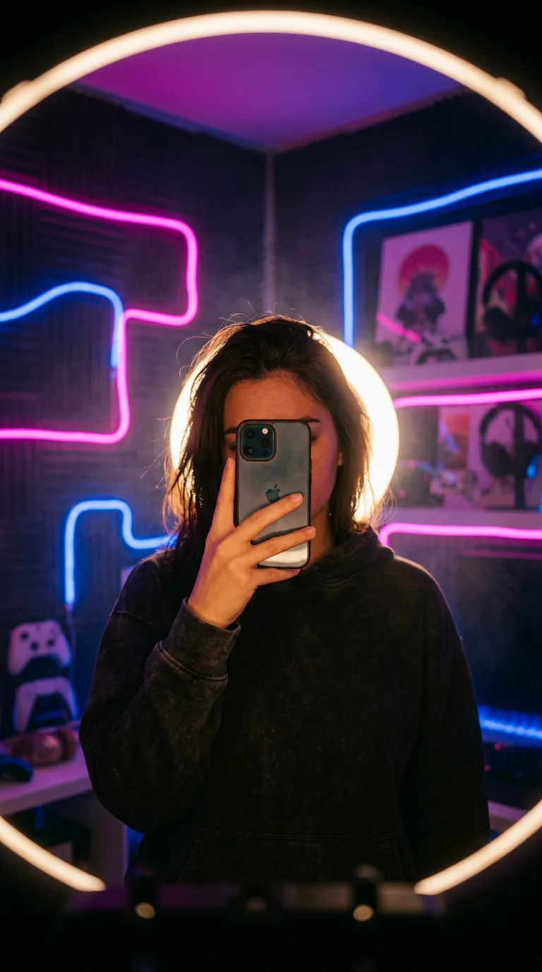 A creator filming under neon light