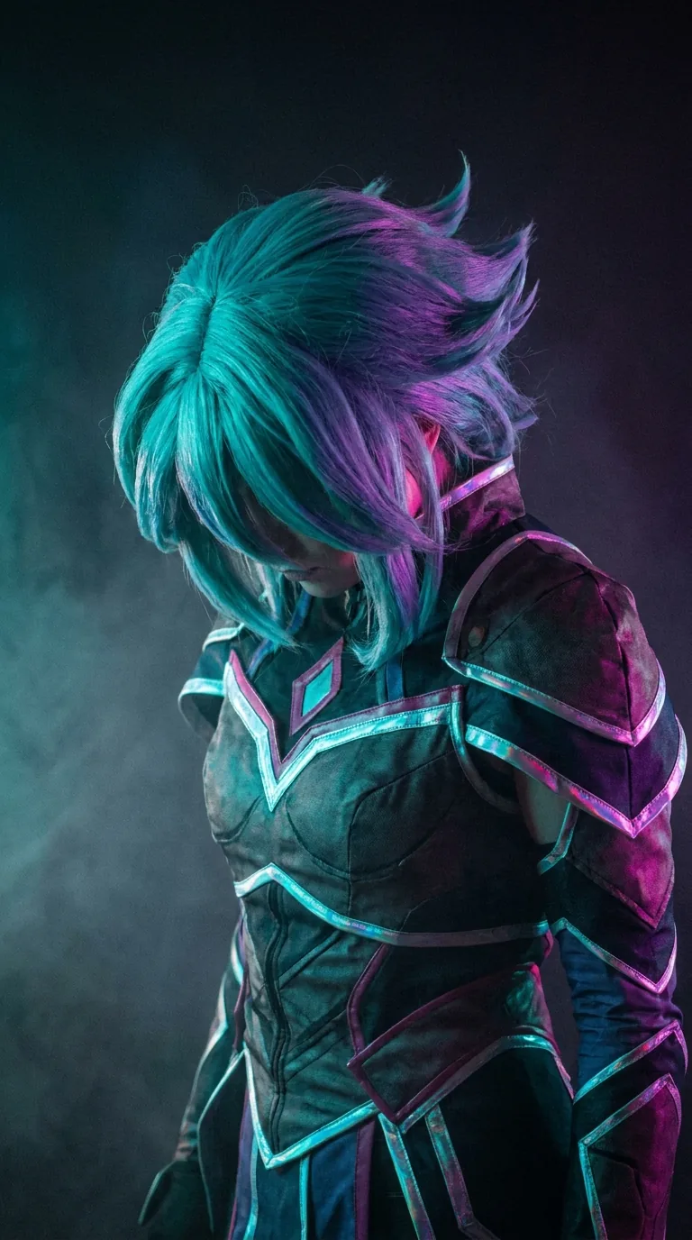 A cosplayer in teal armour