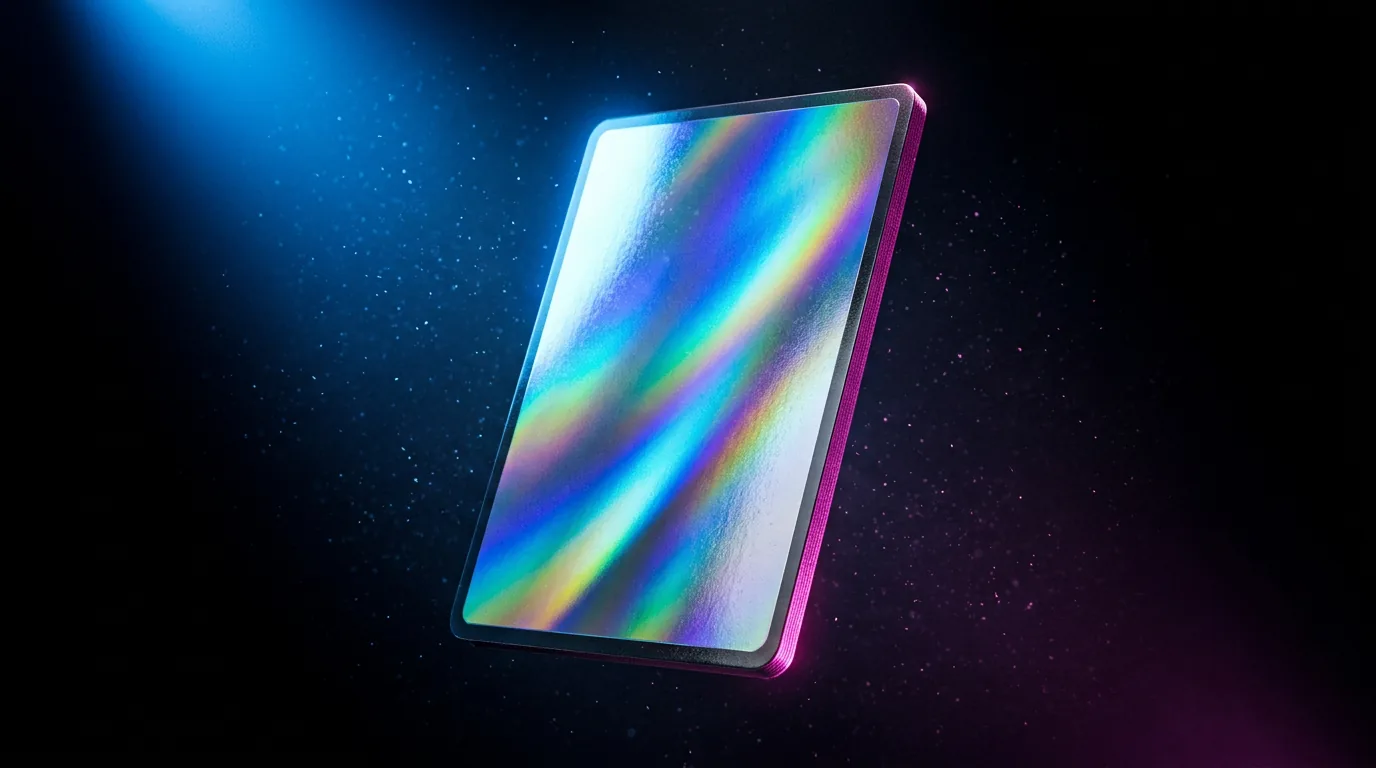 A holographic card floating in blue light